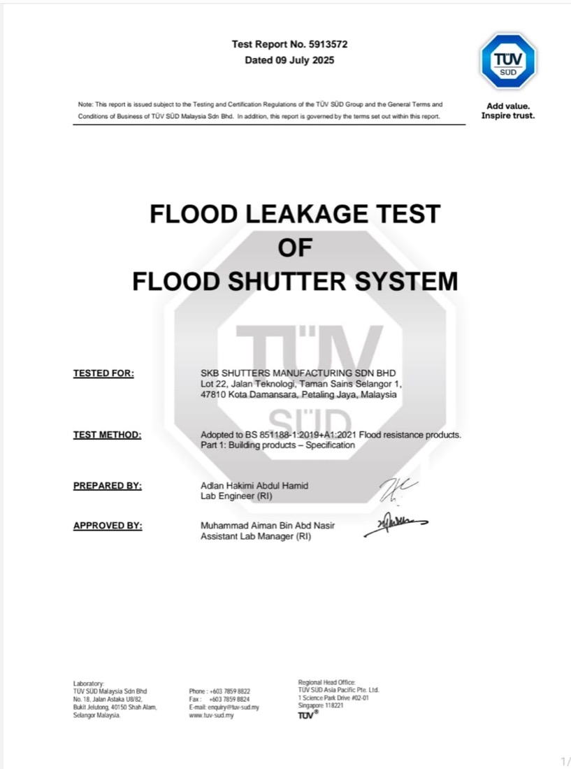 TÜV SÜD flood leakage test report cover